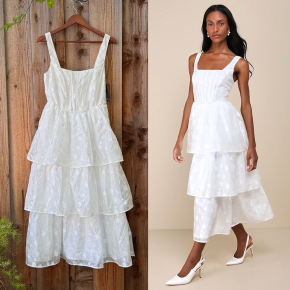 Lulus Dresses & Skirts - White Floral Burnout Bustier Basque-Style Tiered Midi Dress 🌿
